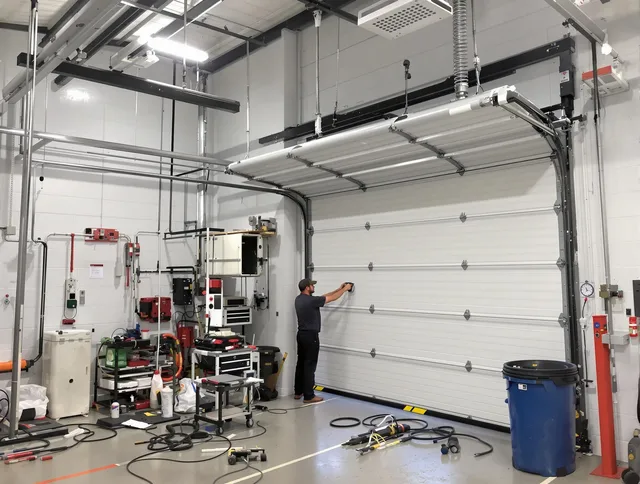 Barberton Garage Door Repair certified technician performing commercial door repair at a Barberton business facility