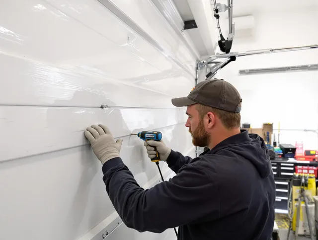 Barberton Garage Door Repair technician demonstrating precision dent removal techniques on a Barberton garage door