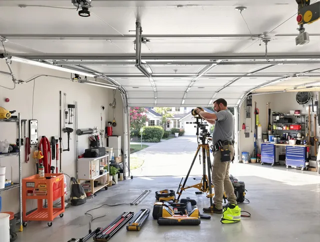 Barberton Garage Door Repair specialist performing laser-guided track alignment in Barberton